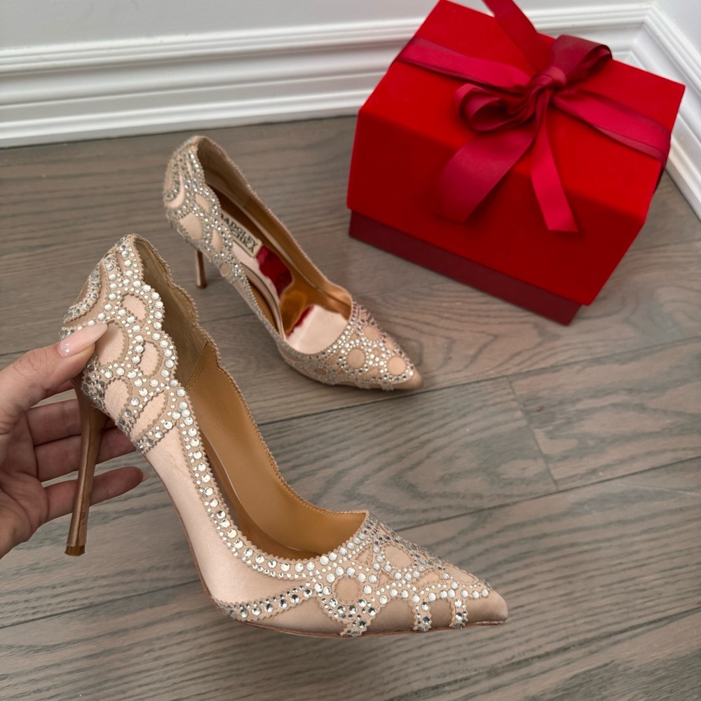 Badgely Mischka Rhinestone Embellishment Nude Pointed Toe Pump Women’s 8 LikeNew